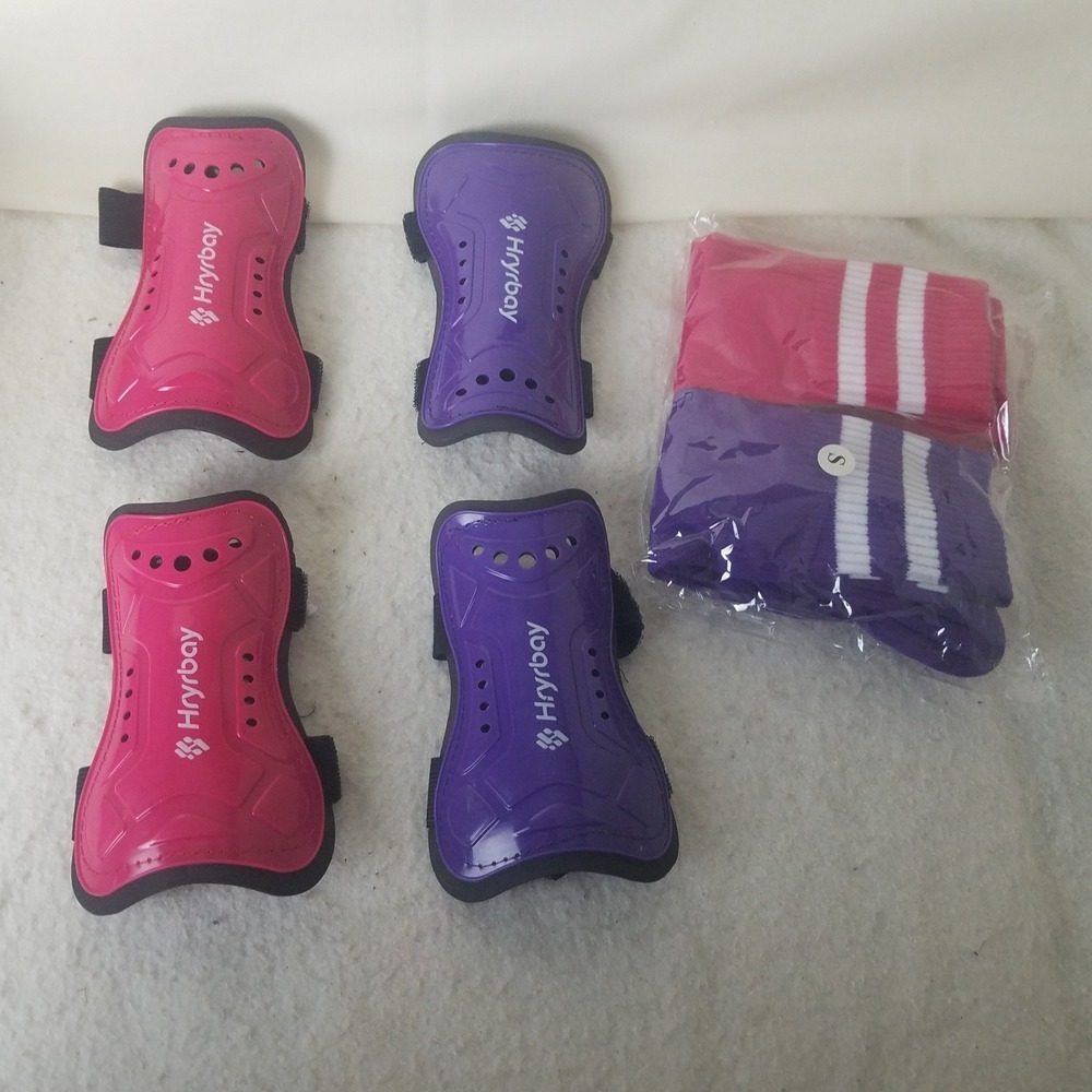 Hrybay Kids Shin Guards Soccer Socks Protective Gear Set Pink Purple @2xsets NWT
